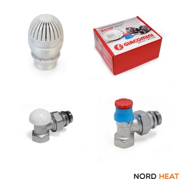Комплект термостатич. угловой Giacomini: терм.головка, терм.клапан, отсеч.клапан бел. колп. 1/2", R470FX003