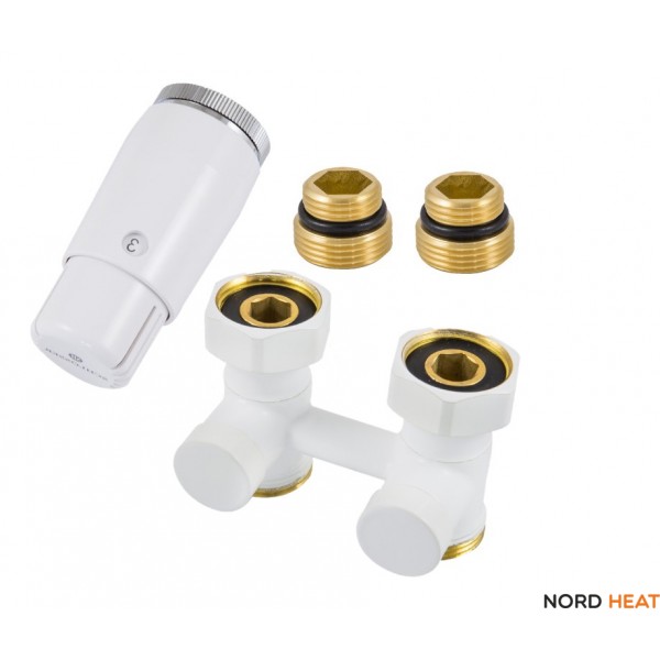 Комплект узел нижнего подключения прямой, белый G 3/4 x 3/4 D=50 мм с термоголовкой MINI M30x1,5 + 2 Ниппеля 1/2x3/4 600800055