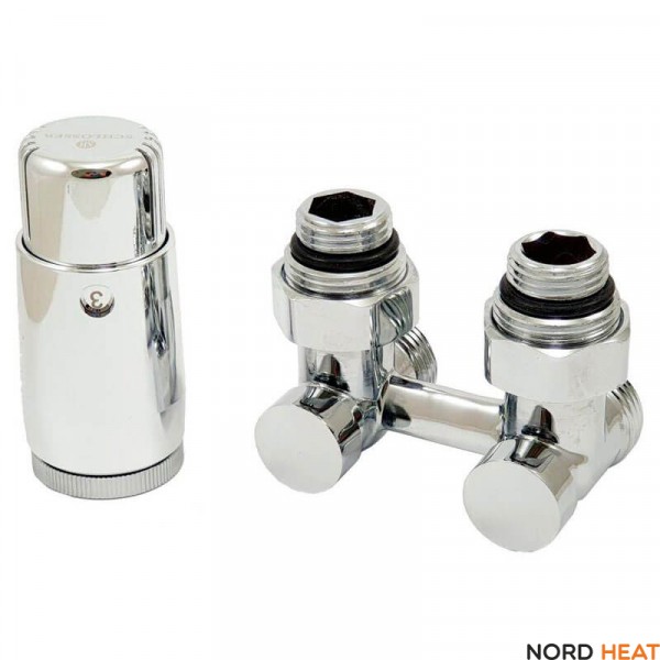 Узел нижнего подключения Schlosser угловой, хром, комплект с термоголовкой MINI M30x1,5 и ниппелями 600800058