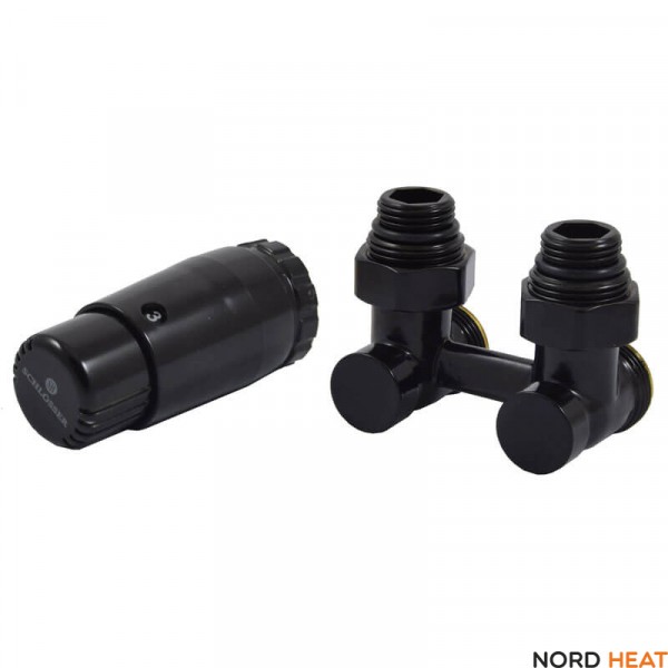 Узел нижнего подключения Schlosser угловой, чёрный, комплект с термоголовкой MINI M30x1,5 и ниппелями 
